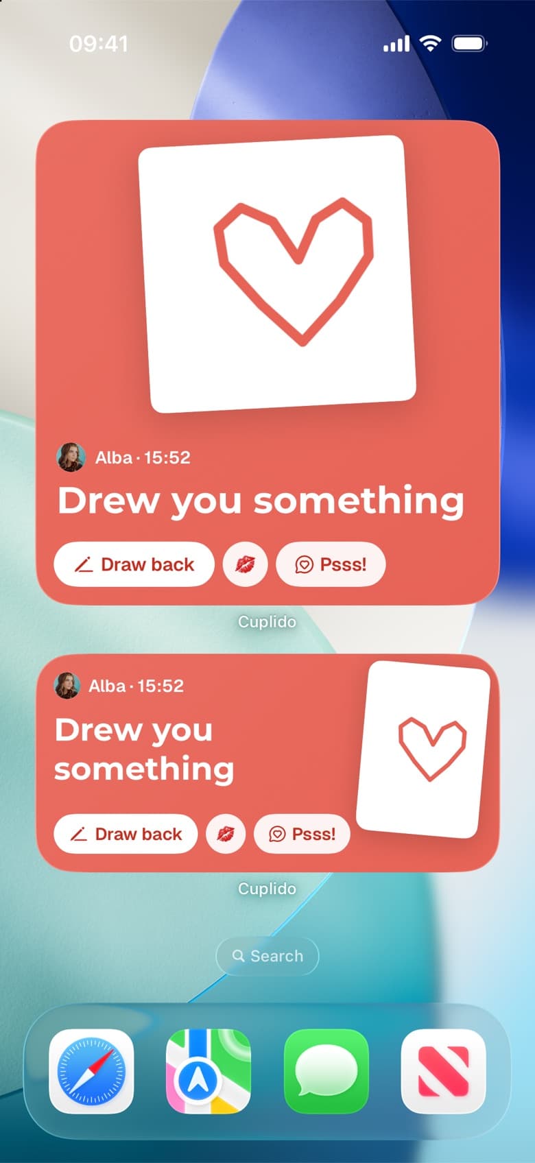 An iPhone home screen with two Cuplido Between us widgets showing a doodle from a partner, with Draw back, kiss and Psss! buttons