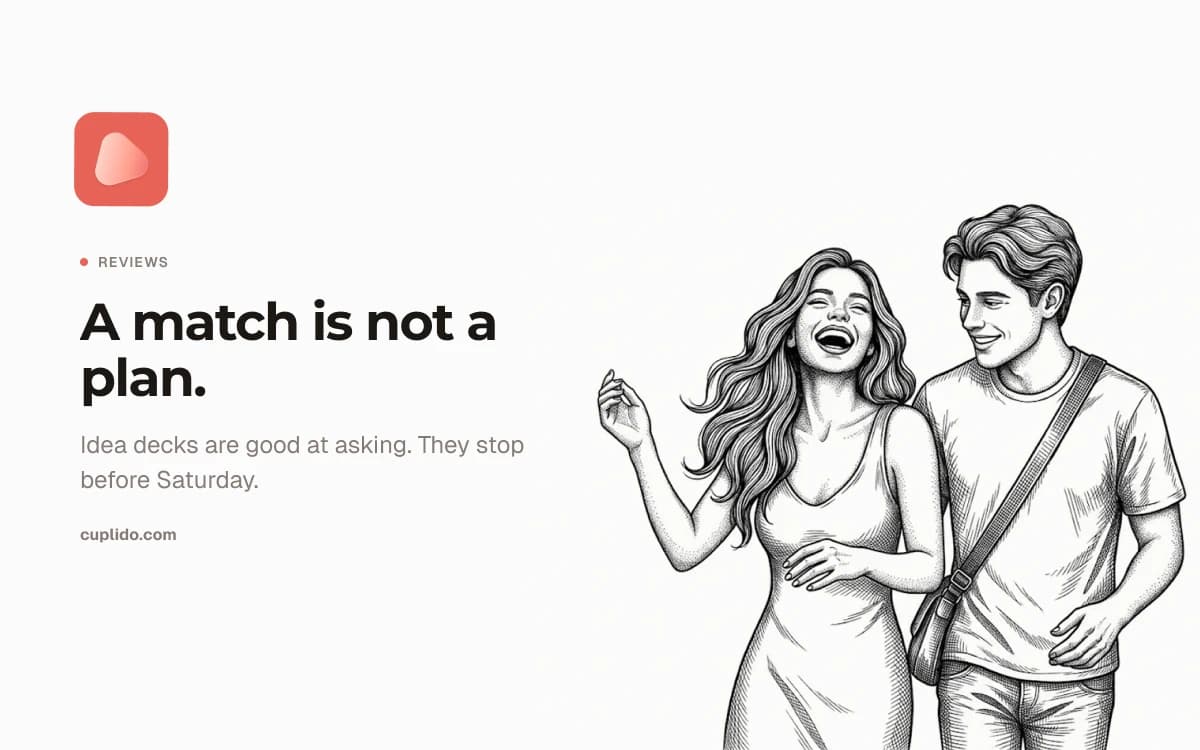 Line drawing of a couple laughing as they walk together, beside the words: a match is not a plan