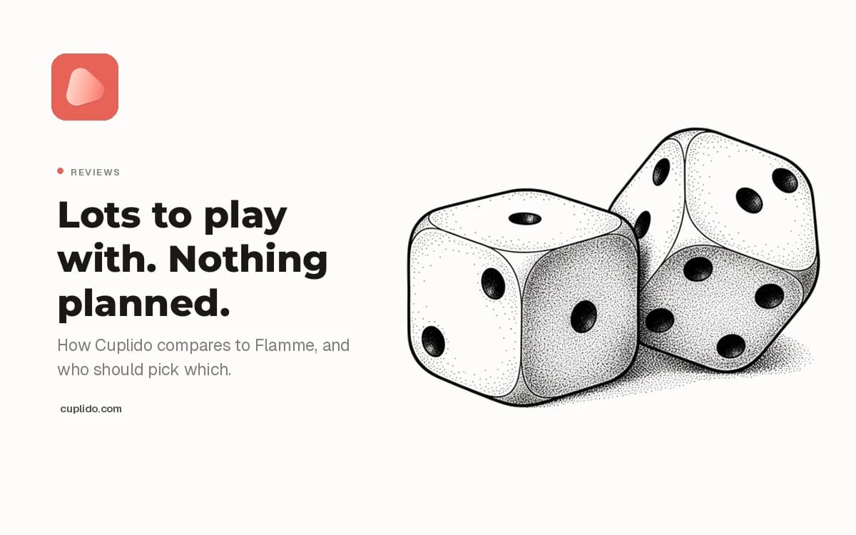 Engraving of a pair of dice, beside the words: lots to play with, nothing planned