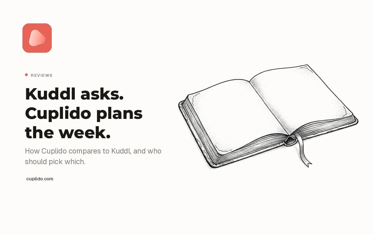Engraving of an open pocket diary with a ribbon, beside the words: Kuddl asks, Cuplido plans the week