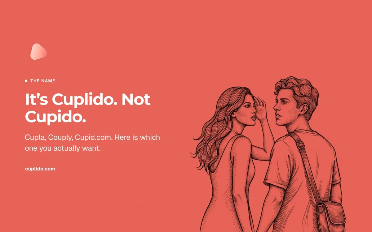 Coral panel with the words: it's Cuplido, not Cupido, beside a line drawing of one partner whispering to the other
