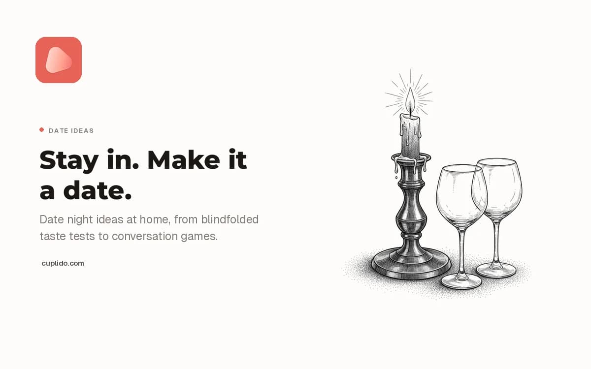 Engraving of a candlestick and two wine glasses, beside the words: stay in, make it a date