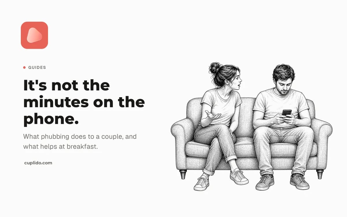 Line drawing of a couple on a sofa, she is mid-sentence and he is looking at his phone, beside the words: it's not the minutes on the phone
