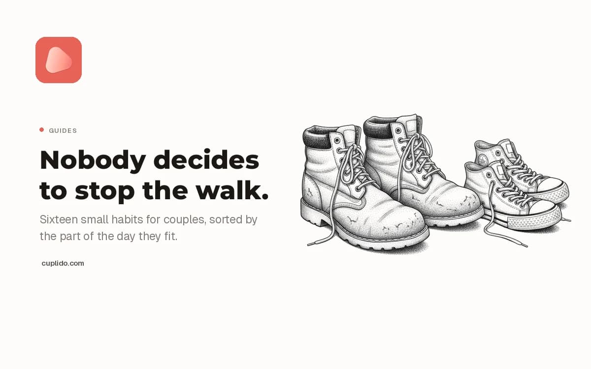 Engraving of two pairs of worn shoes left side by side, beside the words: nobody decides to stop the walk