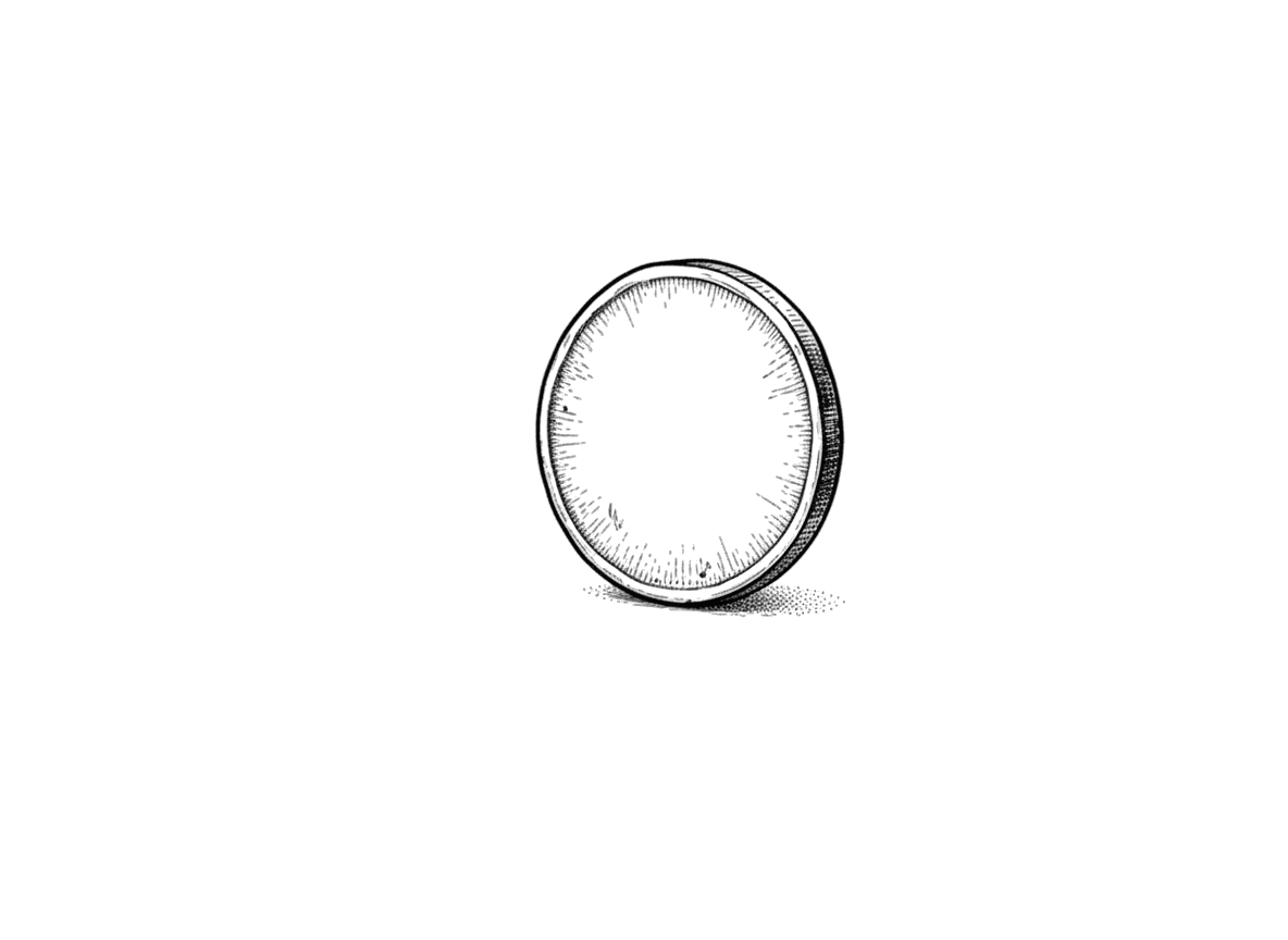 Engraving of a coin standing on its edge