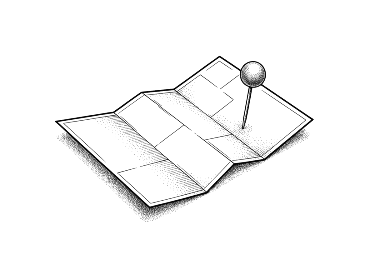 Engraving of a folded map with one pin