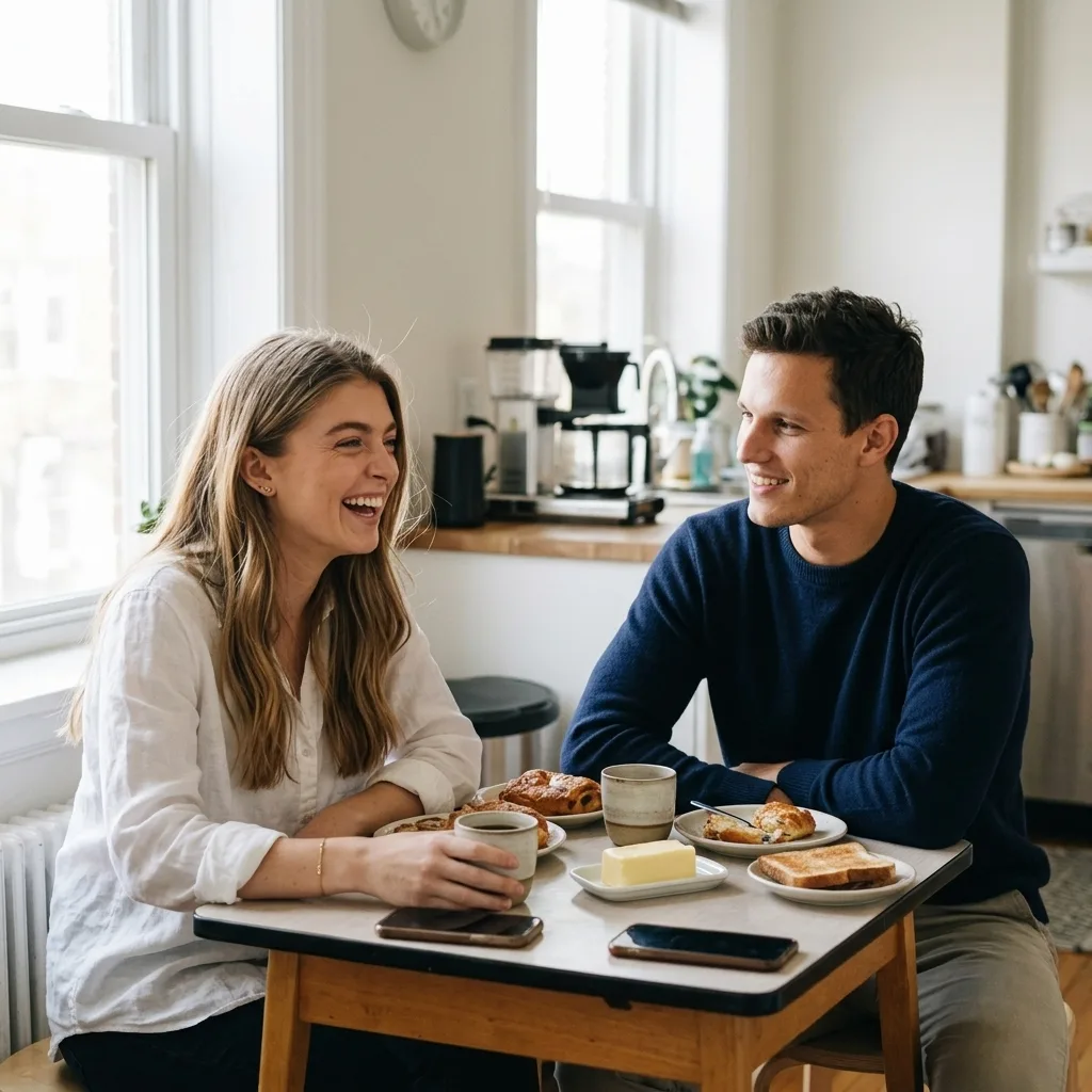 A couple laughing over breakfast at their kitchen table, phones face down