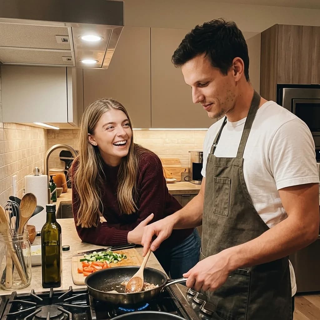 A couple cooking dinner together at home