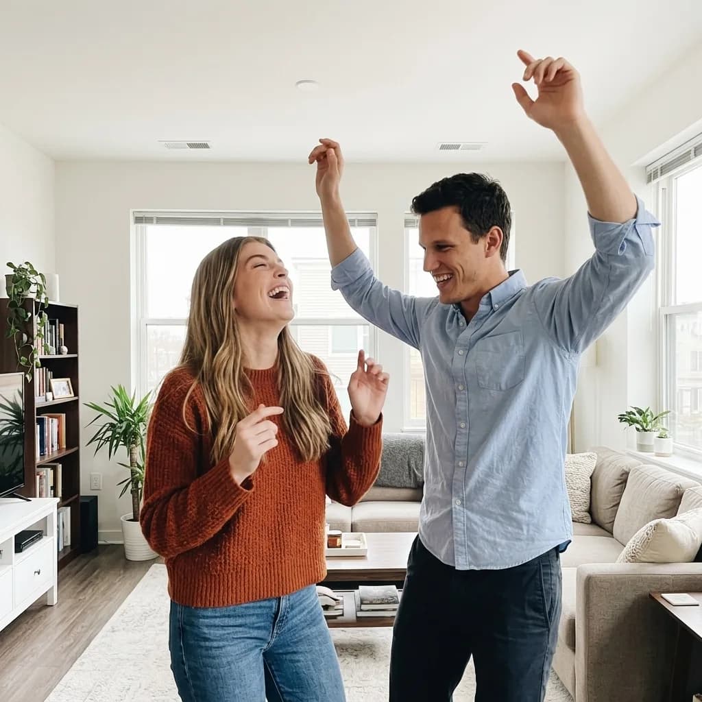 A couple dancing badly in their living room and laughing