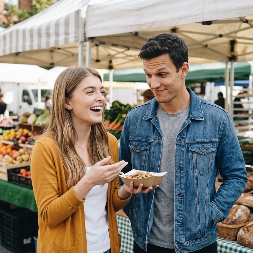 A couple at an outdoor food market, laughing over a tray of food