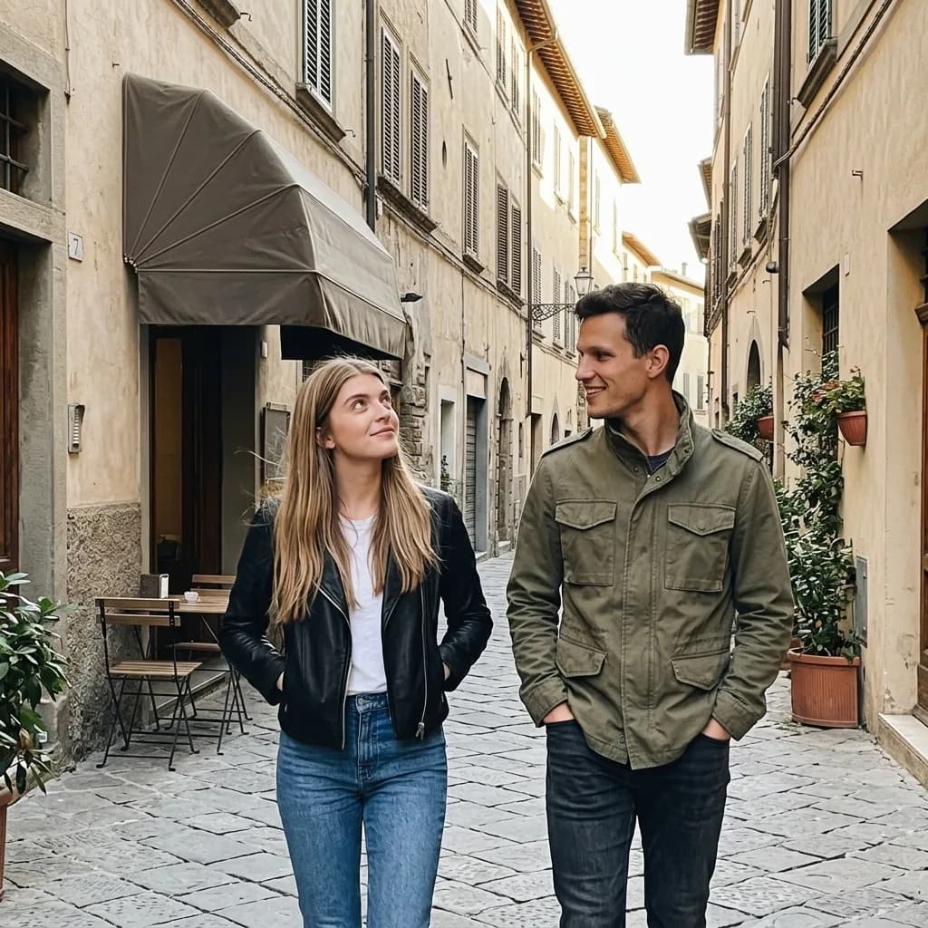 A couple walking down an old-town street they do not know