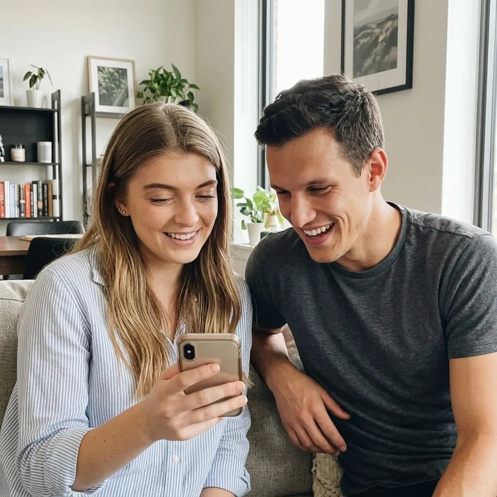 A couple on a sofa reading one phone together and laughing