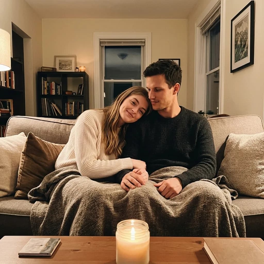 A couple close together on the sofa under a blanket, by candlelight