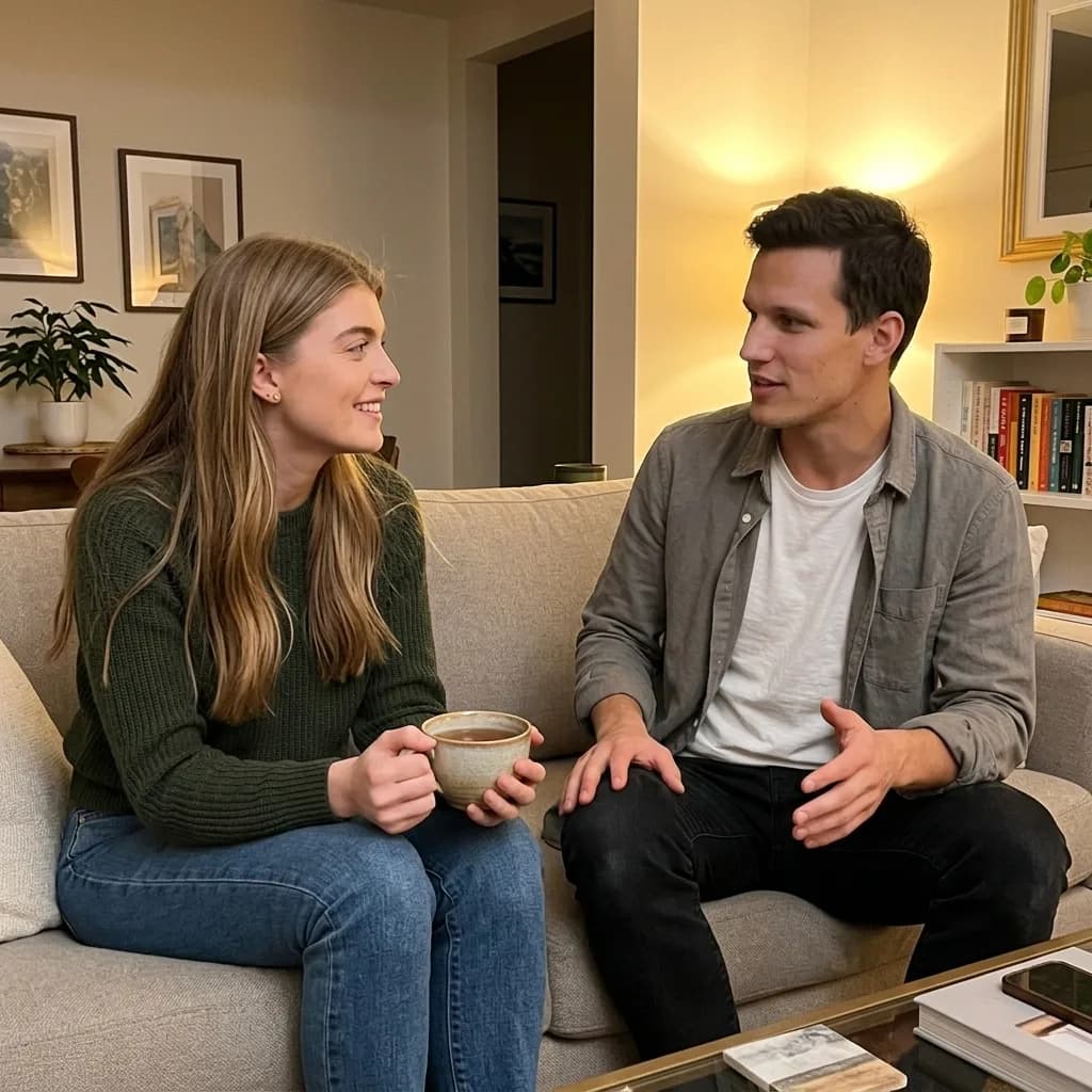 A couple talking on the sofa in the evening with a cup of tea