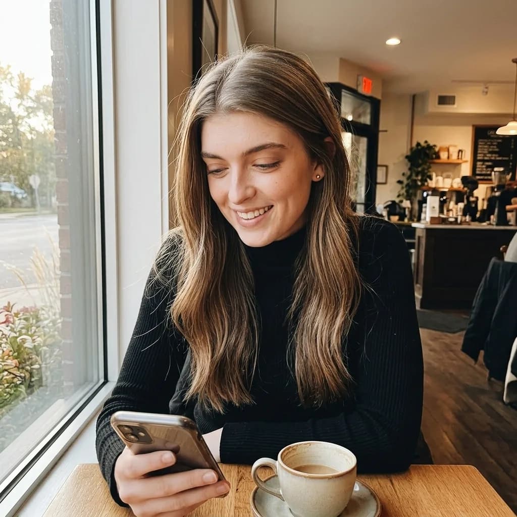 A woman at a café table smiling at her phone