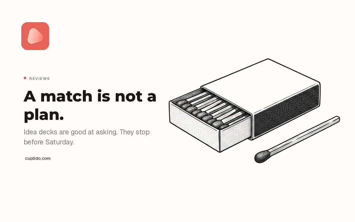 Engraving of a half-open matchbox, beside the words: a match is not a plan