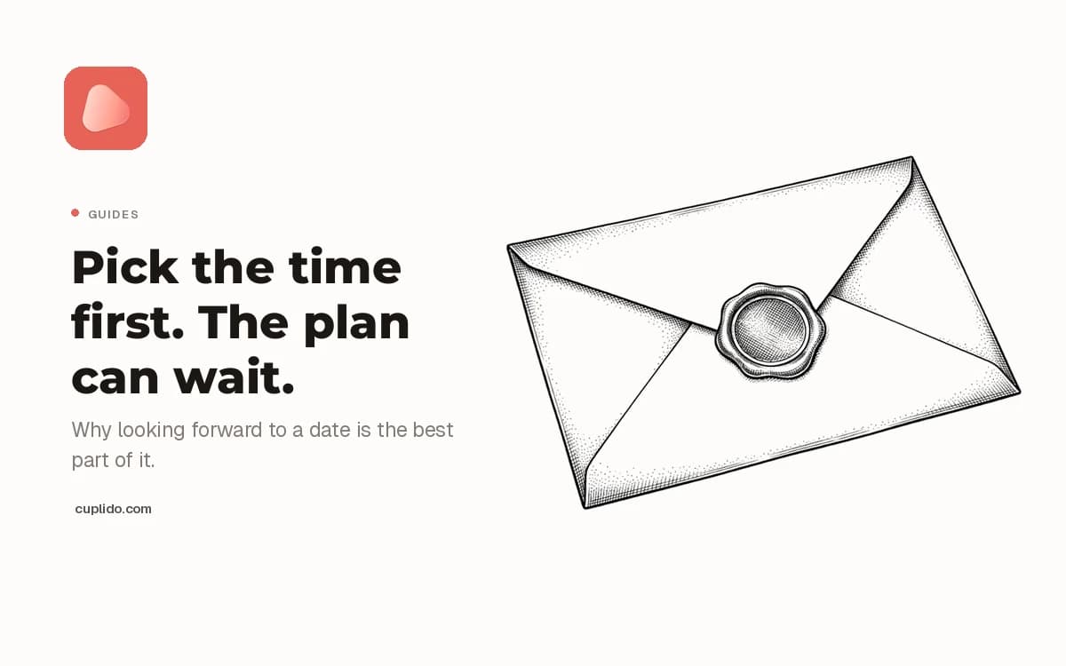 Line drawing of a couple circling a day on a wall calendar, beside the words: pick the time first, the plan can wait
