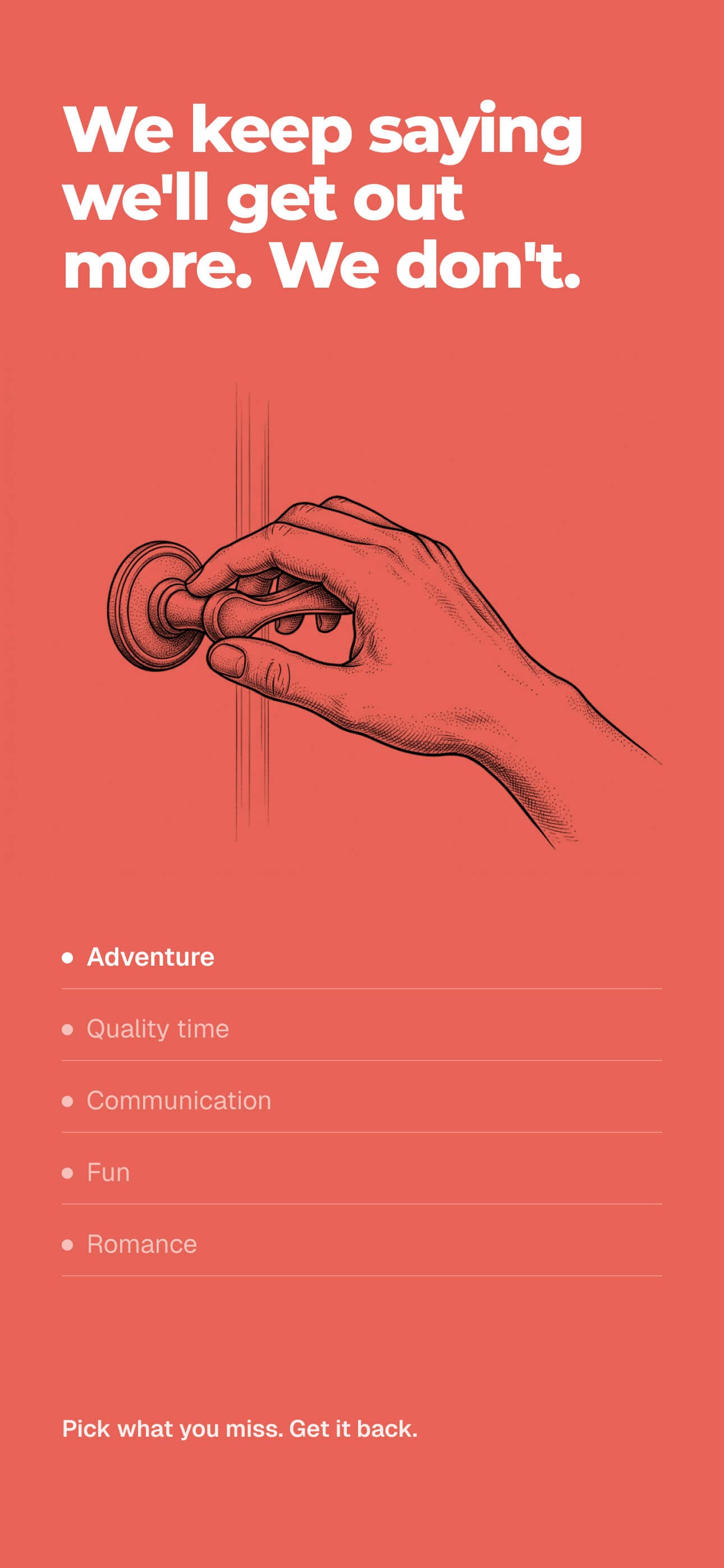 Cuplido couples app: pick what you miss, from Adventure, Quality time, Communication, Fun, or Romance