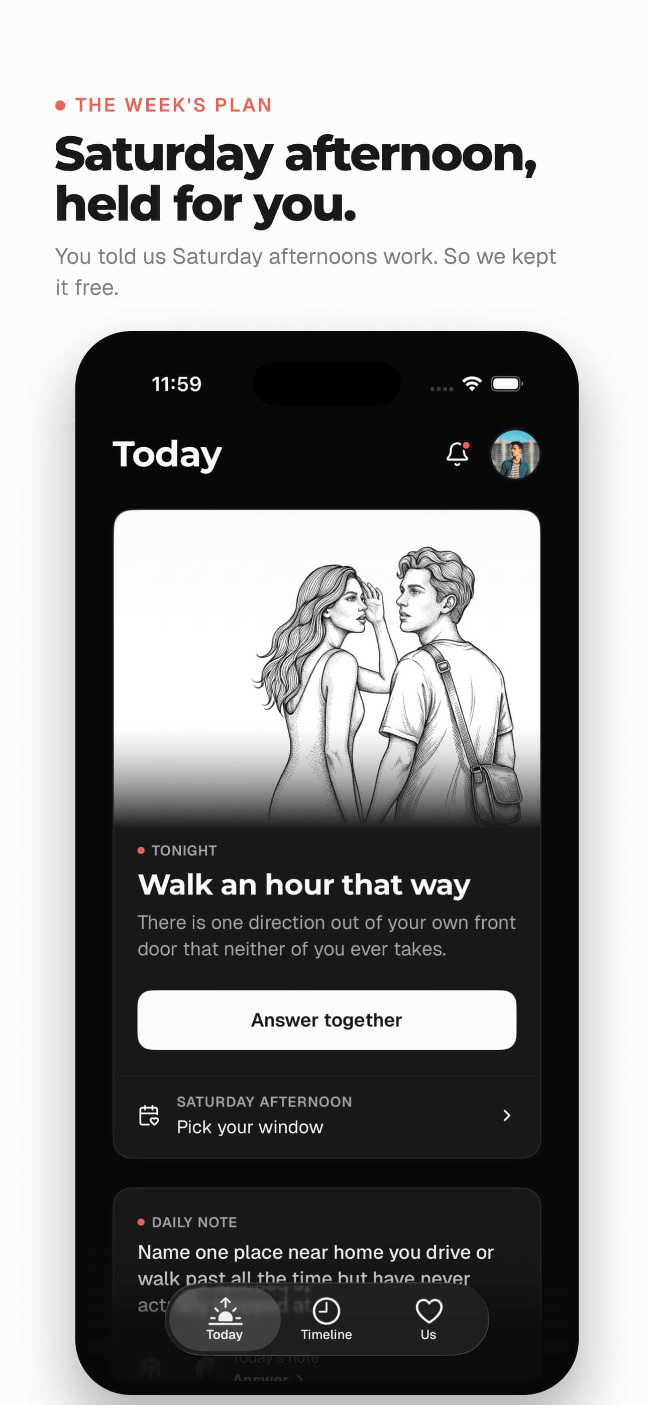 Cuplido couples app Today screen: the week's plan held for Saturday afternoon