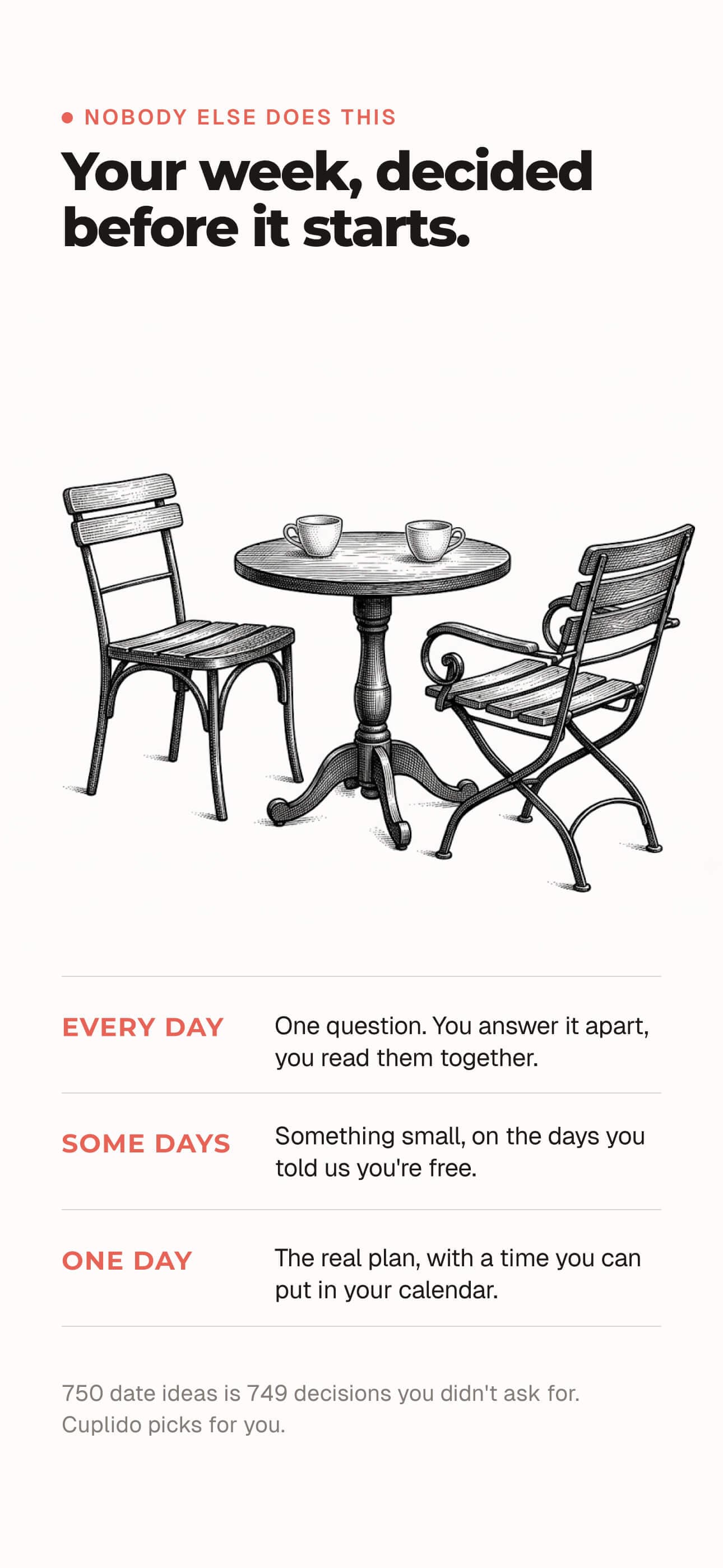 Cuplido couples app: your week decided before it starts, one real plan with a time on it